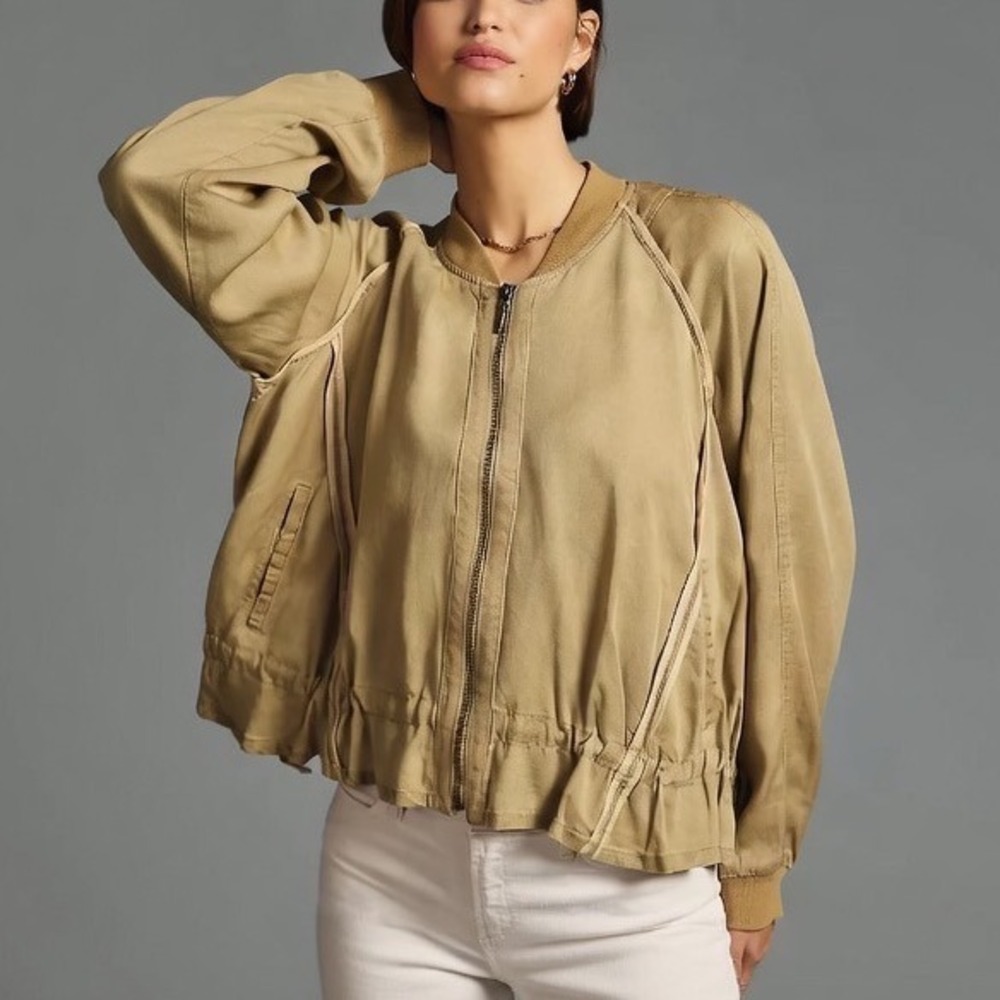 Anthropologie Ruffled Bomber Jacket Drawstring Ruffle Hem Khaki Beige Small
